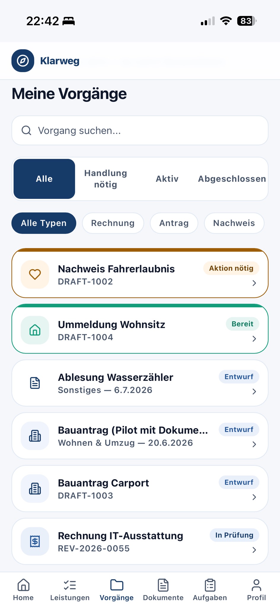 Citizen app: overview of your own cases with status and filters