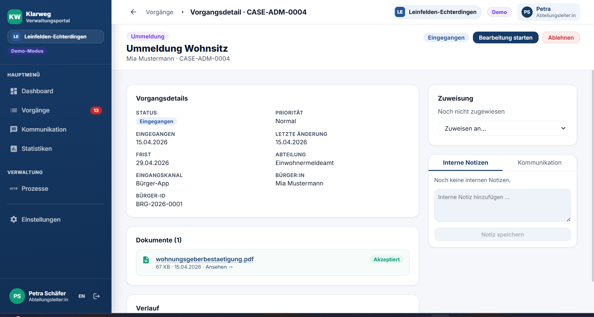 Administration portal: case detail with status, deadline, intake channel citizen app, and documents